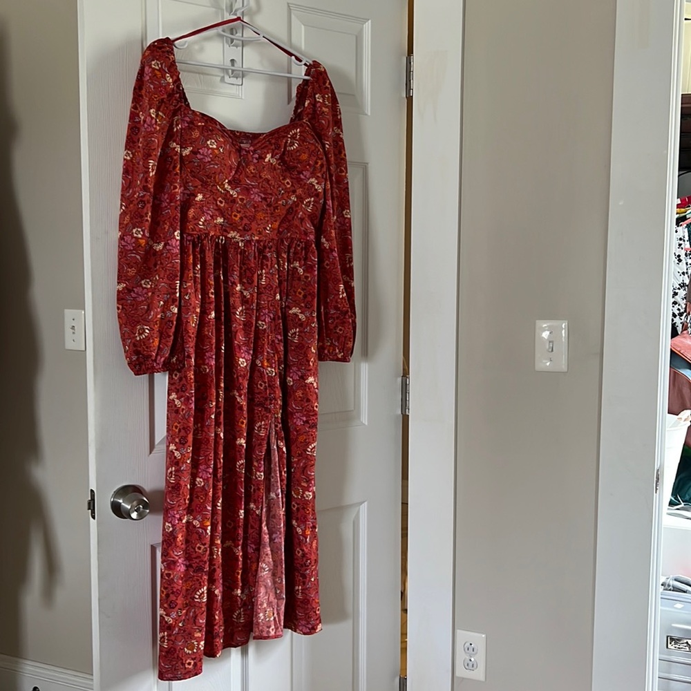 Vibrant floral orange pink midi dress with puff sleeves and sweetheart neckline